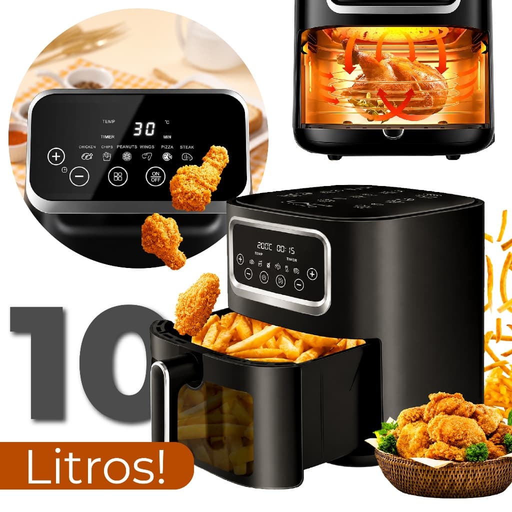 Fritadeira Elétrica Air Fryer Sem Óleo Com Desligamento Automático 10 Litros Multifunções 1600W