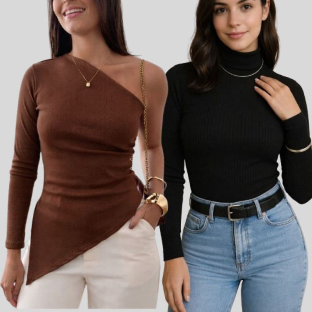Kit Blusa Assimétrica Feminina Nula Manga + Blusa Gola Alta Manga Longa