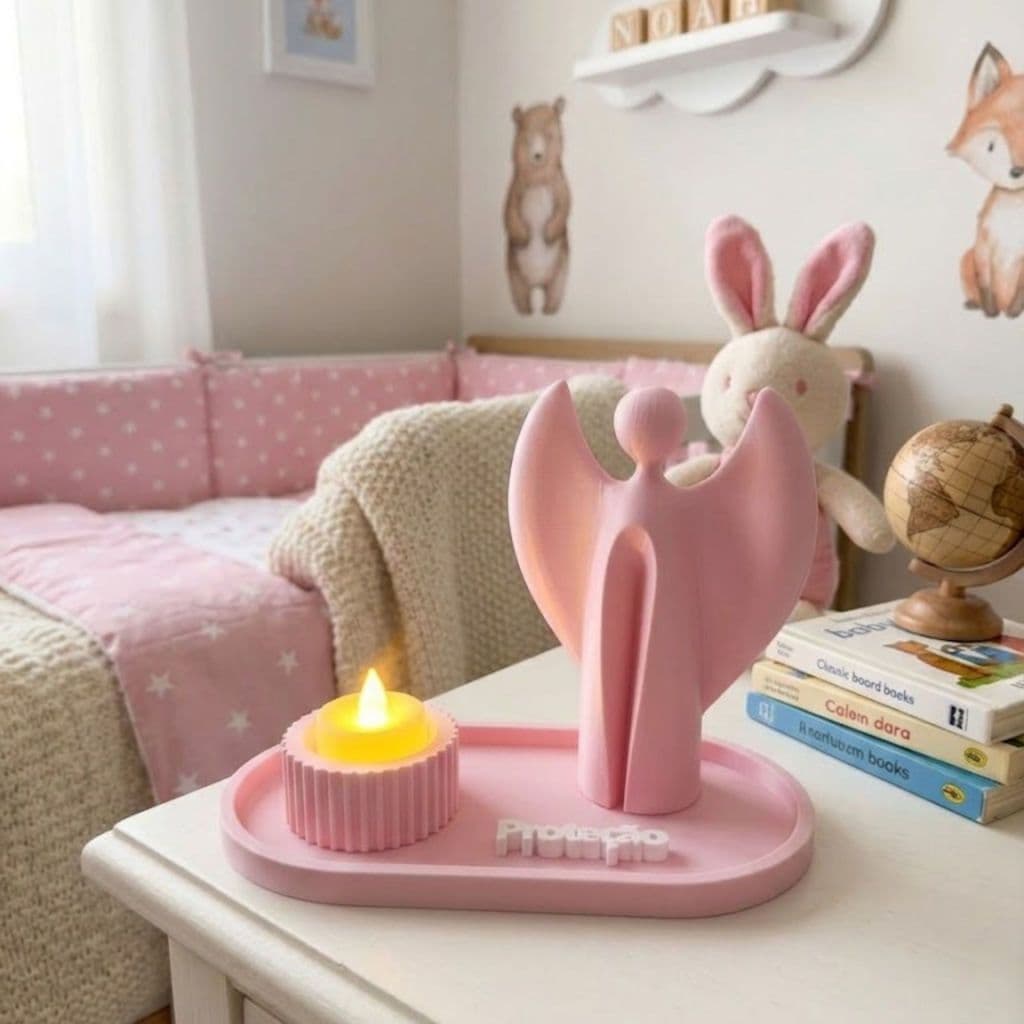 Enfeite Quarto Bebe Menina Anjo Da Guarda Com Vela Led Decorativo Kit Proteção Infantil Maternidade