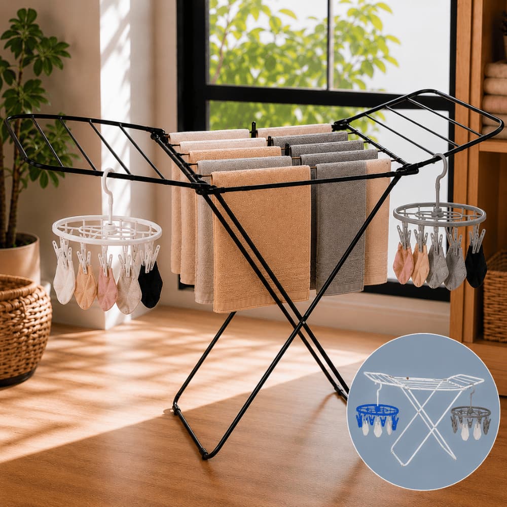 Kit Varal de Chão Abas Retrátil Dobrável 8kg Branco ou Preto + 2 Varais Oval com Prendedores Sortido