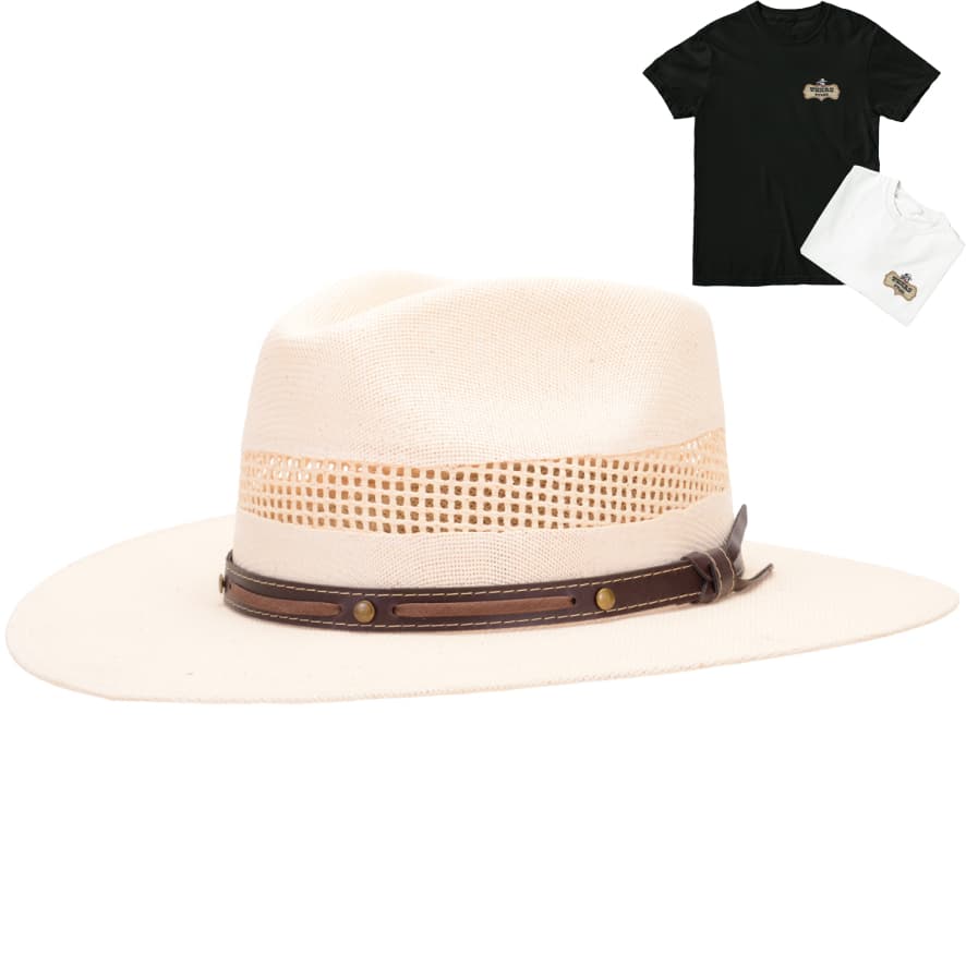 Chapéu Aba 8cm Estilo Panamá Rendado Country Cowboy Unissex Premium + Camiseta Texas Tyler Brinde