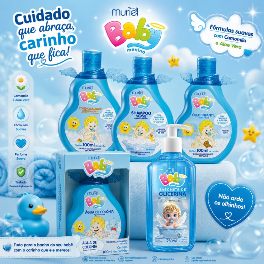 Kit 5 pçs Shampoo Condicionador Oleo Sabonete Colonia Muriel Baby