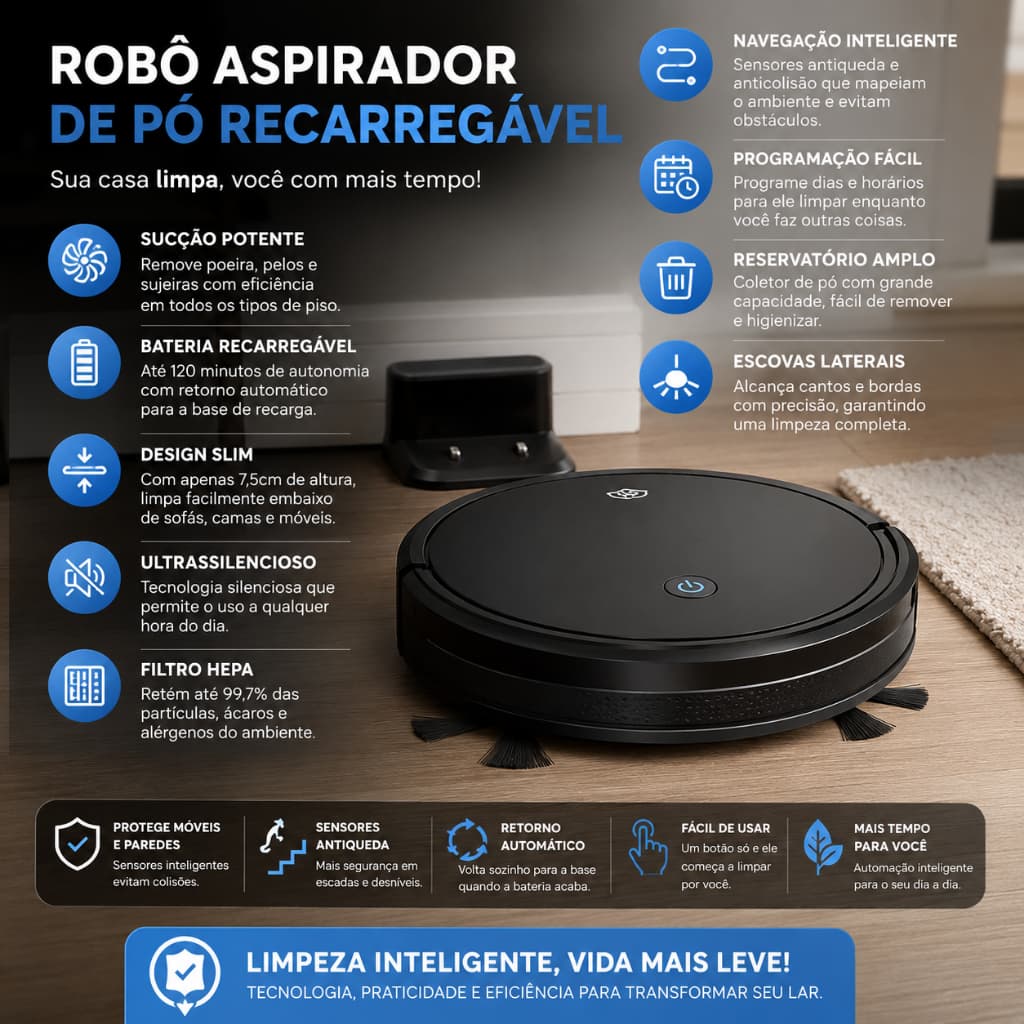 Robô aspirador de pó 110V com alta sucção 2800 Pa