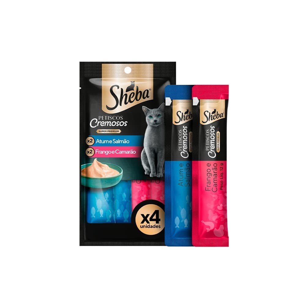 CHURU SNACK SHEBA CREMOSO Atum e Salmão & Frango e Camarão PARA GATOS SABOR IRRESISTÍVEL (C/4 UNIDADES)  48G