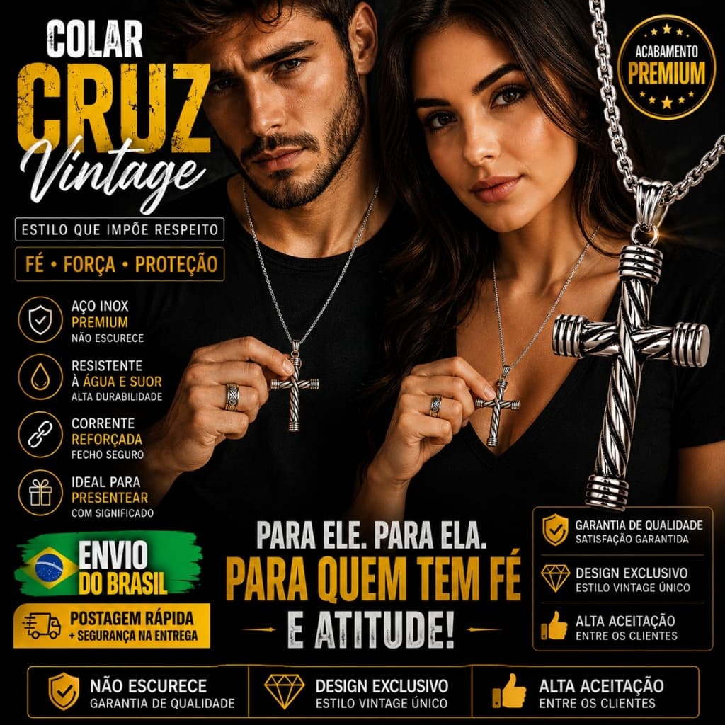 Colar Pingente Cruz Vintage Aço Inox Corrente Masculina Feminina Estilo Premium Luxo