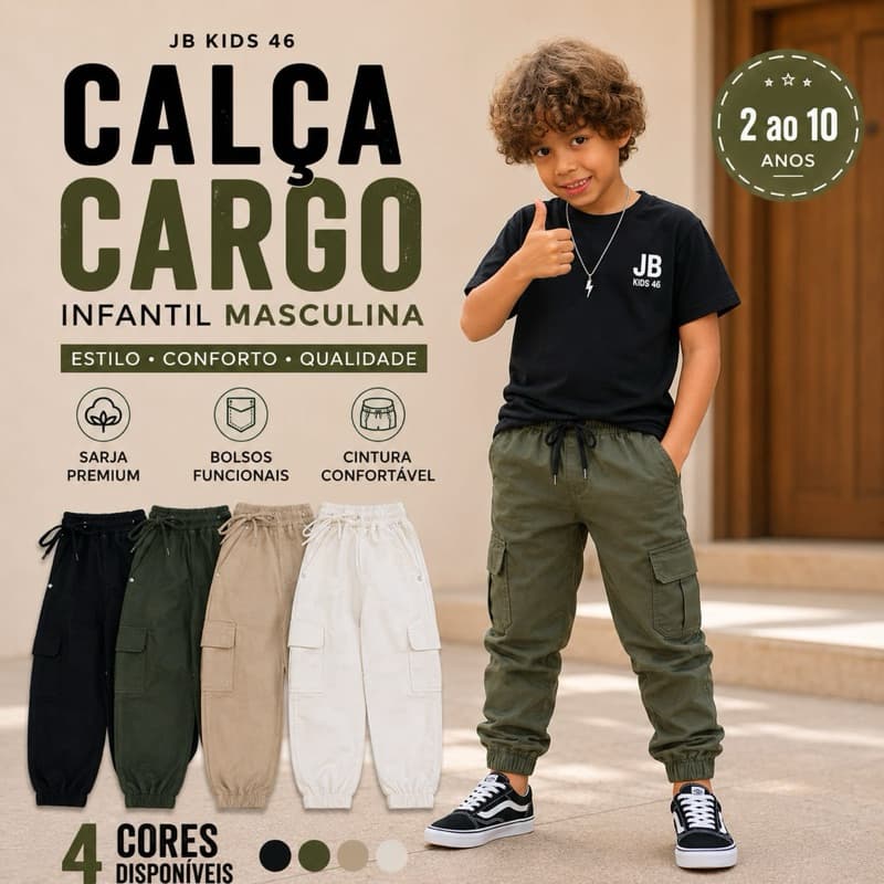 Calça Cargo Infantil Menino Jogger Sarja Premium 2 Ao 10