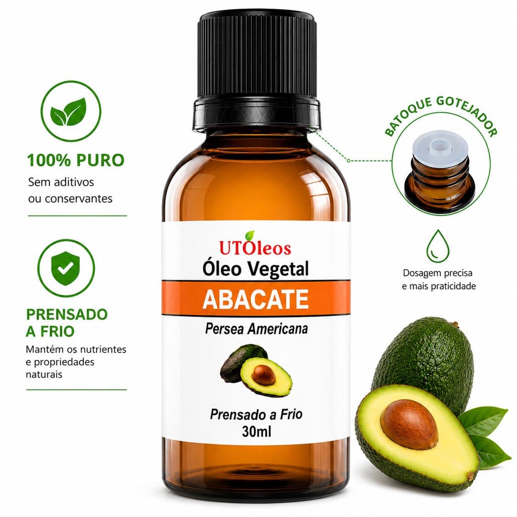 Óleo Vegetal Abacate 30ml Puro Prensado a Frio Pele Cabelos Massagem Uso Diário Natural