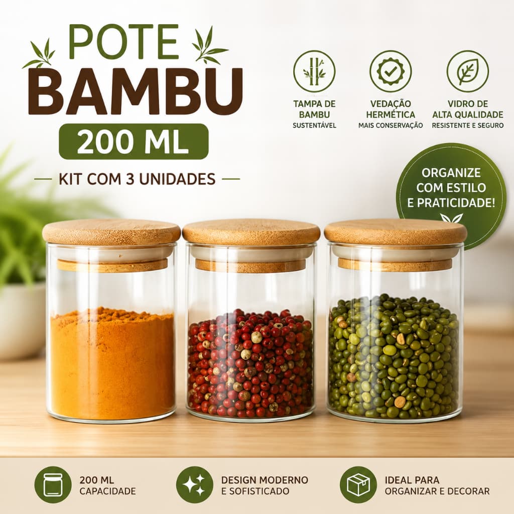 Kit 3 Pcs Pote De Vidro Com Tampa De Bambu Hermético 200ml