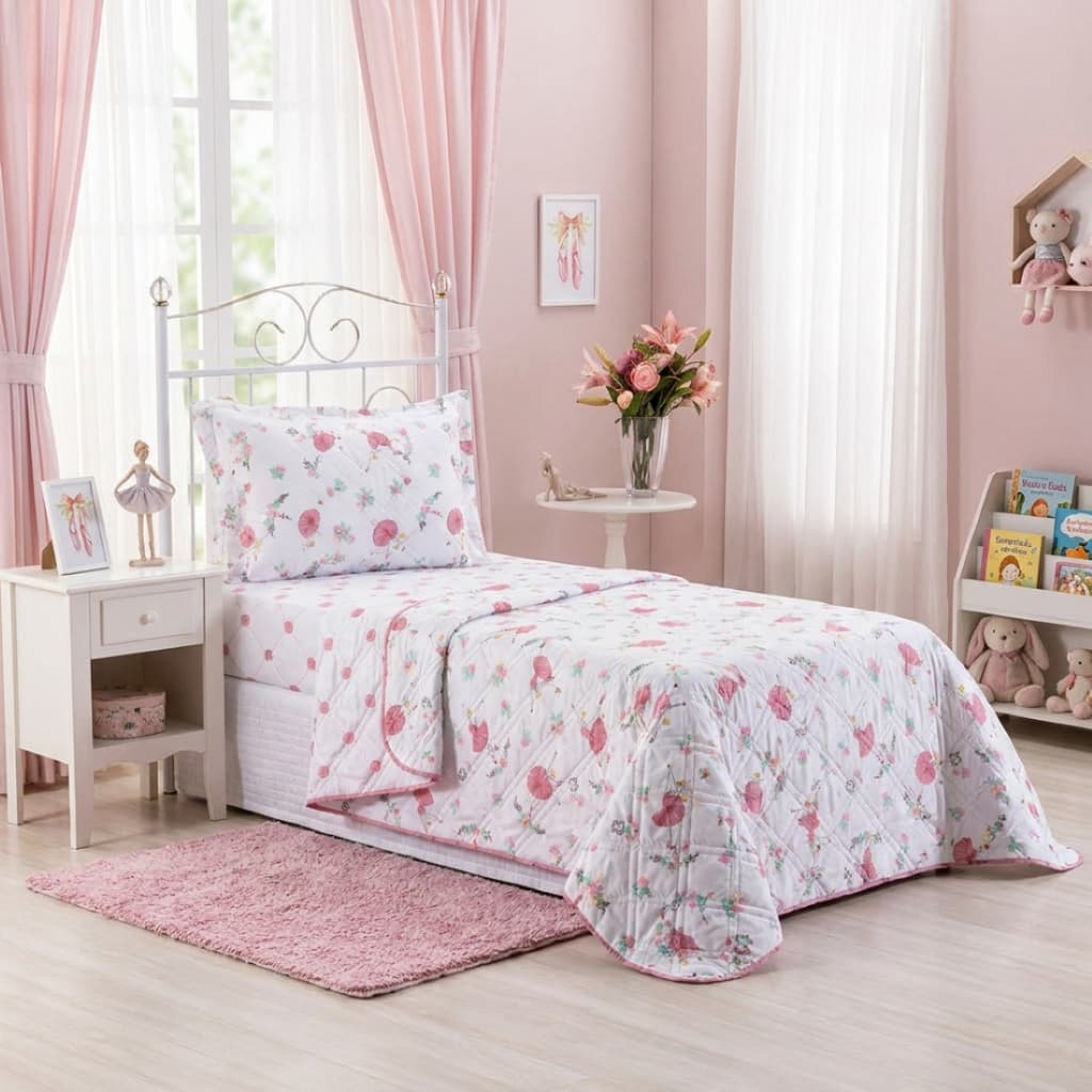 Kit Cobre Leito Infantil Solteiro Bailarina Dupla Face Percal 200 Fios