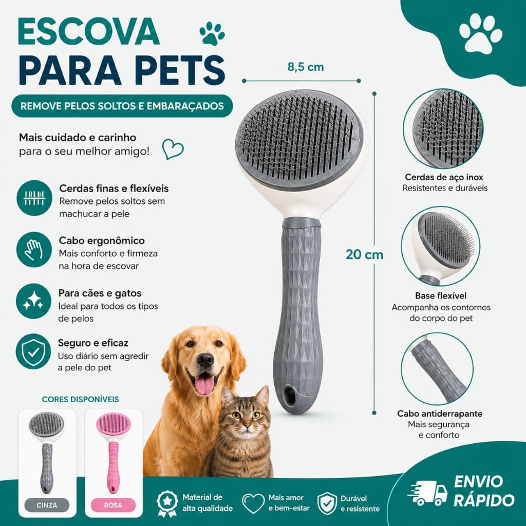 Escova Pet Removedora de Pelos Cães Gatos Rasqueadeira Massageadora 20cm