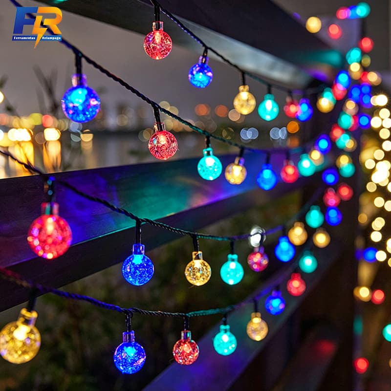 Cordão de Luz Solar Externa Lâmpada Cristal Bolinha 5M/7M/12M para Jardim Luz Amarela ou Colorida
