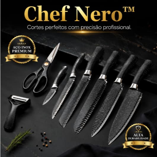 Chef Nero™ Conjunto Facas Profissionais 6 Pç Aço Inox Cabo Ergonômico Antiderrapante Alta Durabilidade Cozinha Gourmet