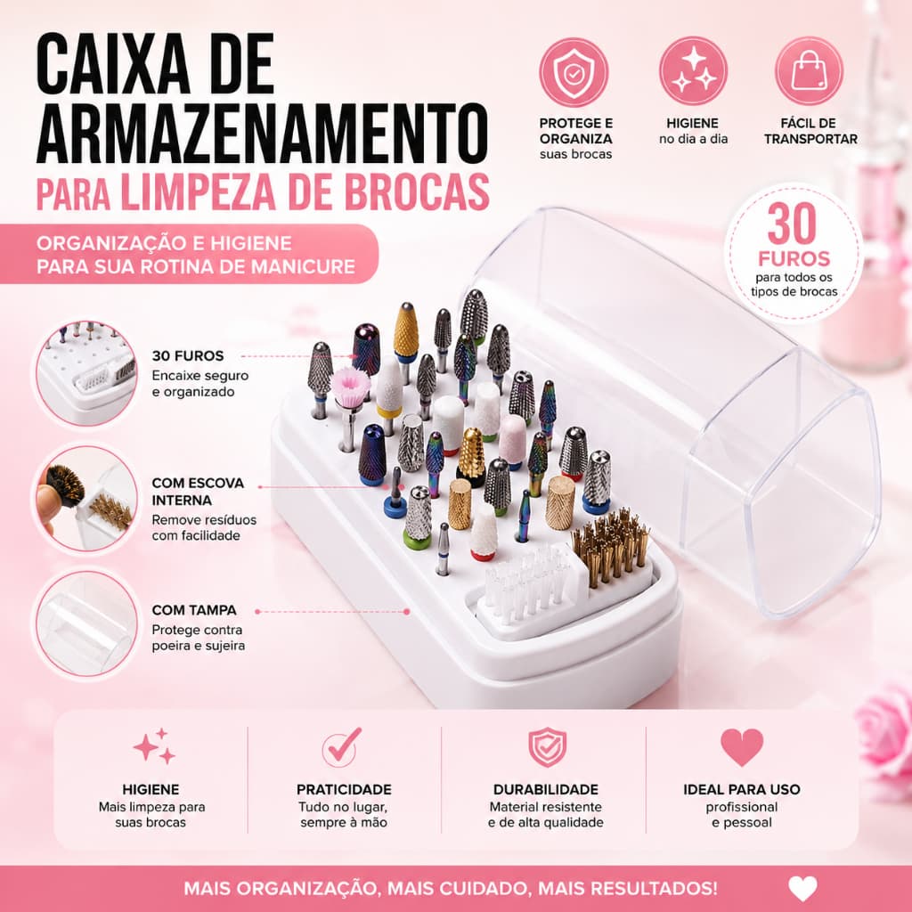 Porta Brocas Manicure Com Escova De Limpeza 30 Furos | Suporte Organizador Nail Design