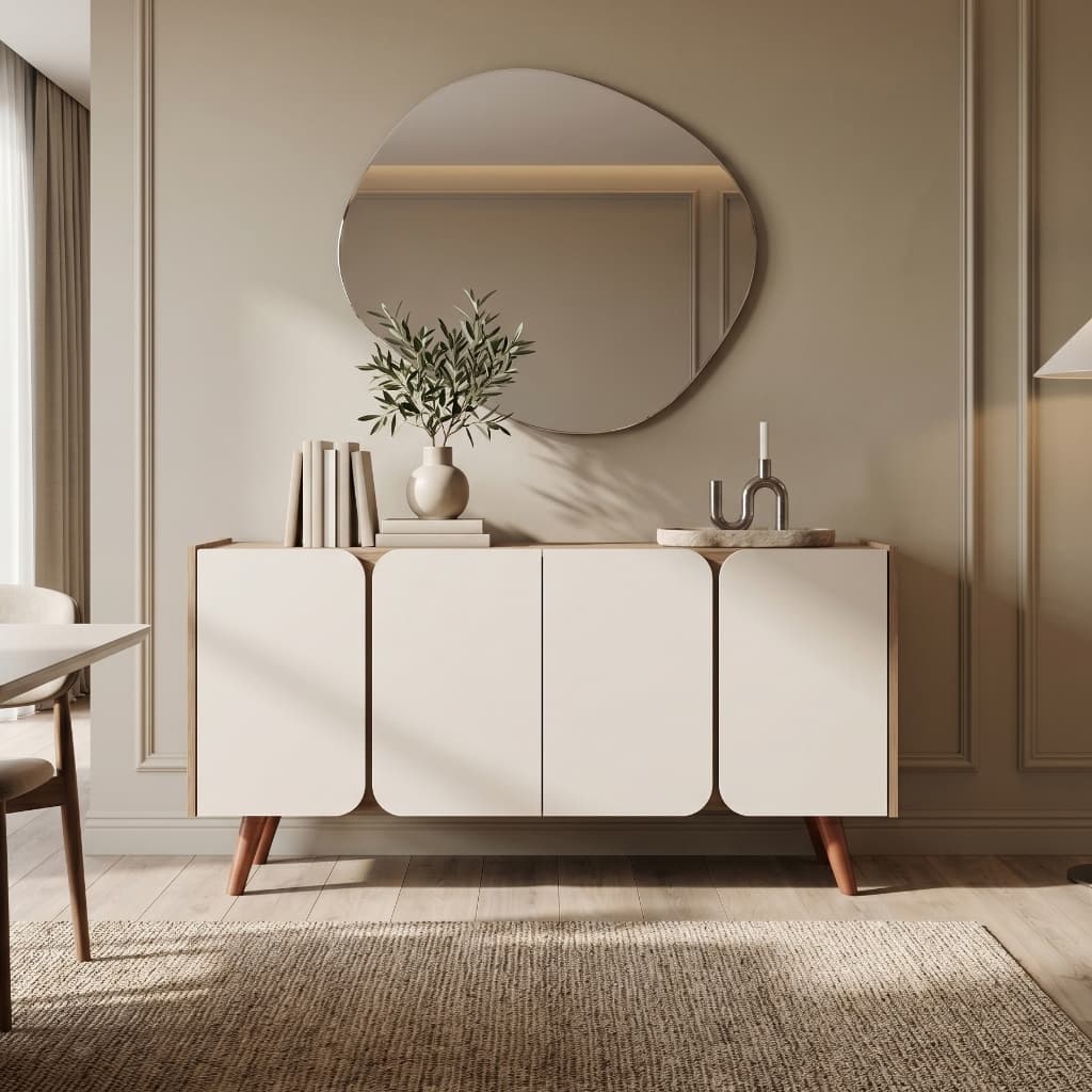 Buffet Organizador Multiuso 4 Portas Curva Retrô Off White Madeira Sala Escritório Hall Entrada
