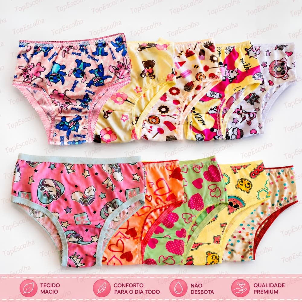 Kit com 5/10 Calcinhas Infantil forro 100% algodão 0 a 9 Anos meninas criança