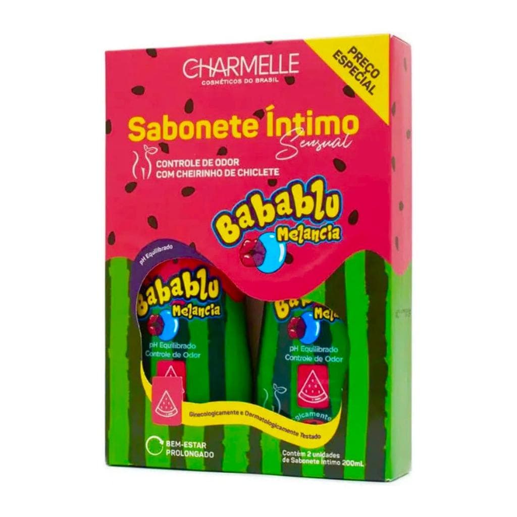 Kit 2 Unid. Sabonete Íntimo Sensual Babablu Melancia 200ml Cada pH Equilibrado Charmelle
