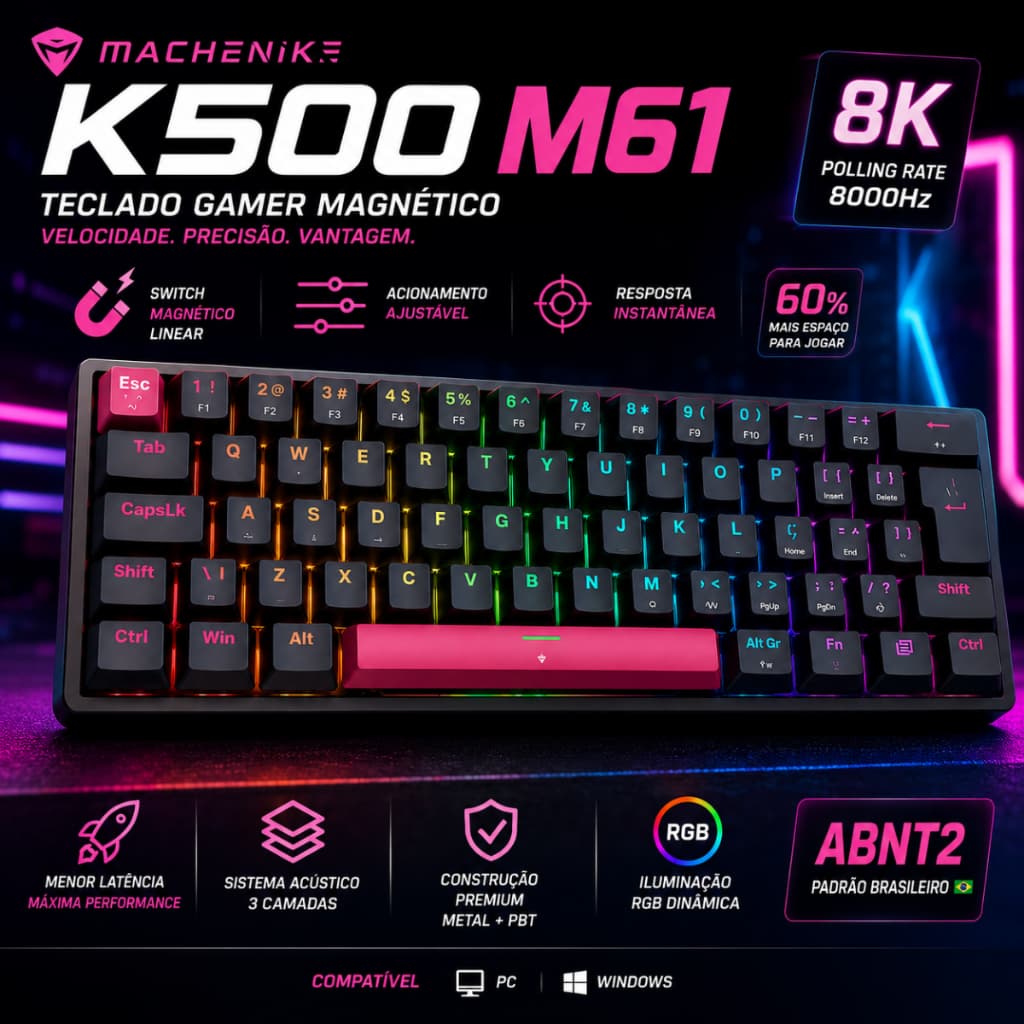 Teclado Gamer Magnético Machenike K500 M61 RGB 8K ABNT2 Linear