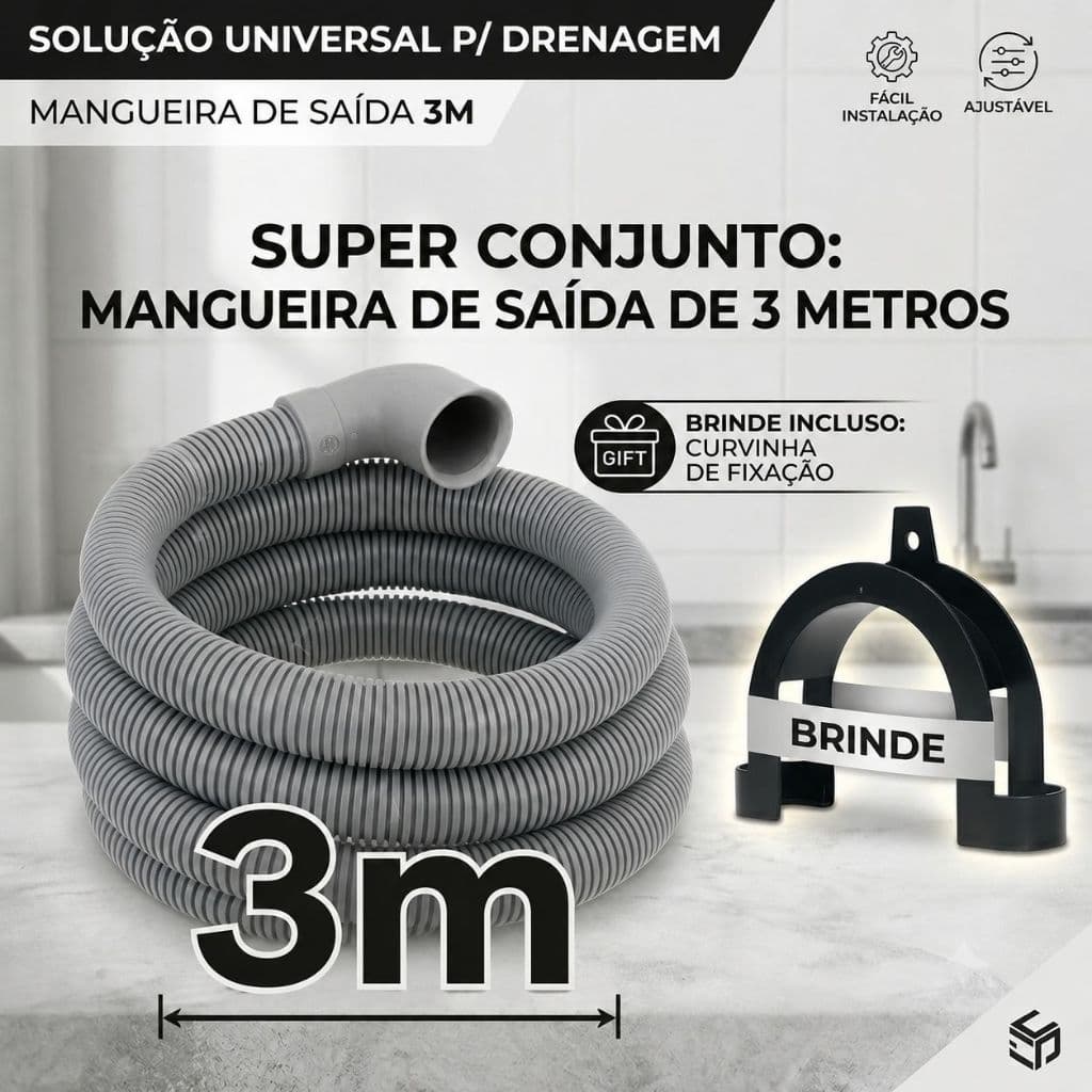 Mangueira Saída Dreno Máquina Lavar 3 METROS UNIVERSAL 28 MM Lavadoras Compativel Reforçada
