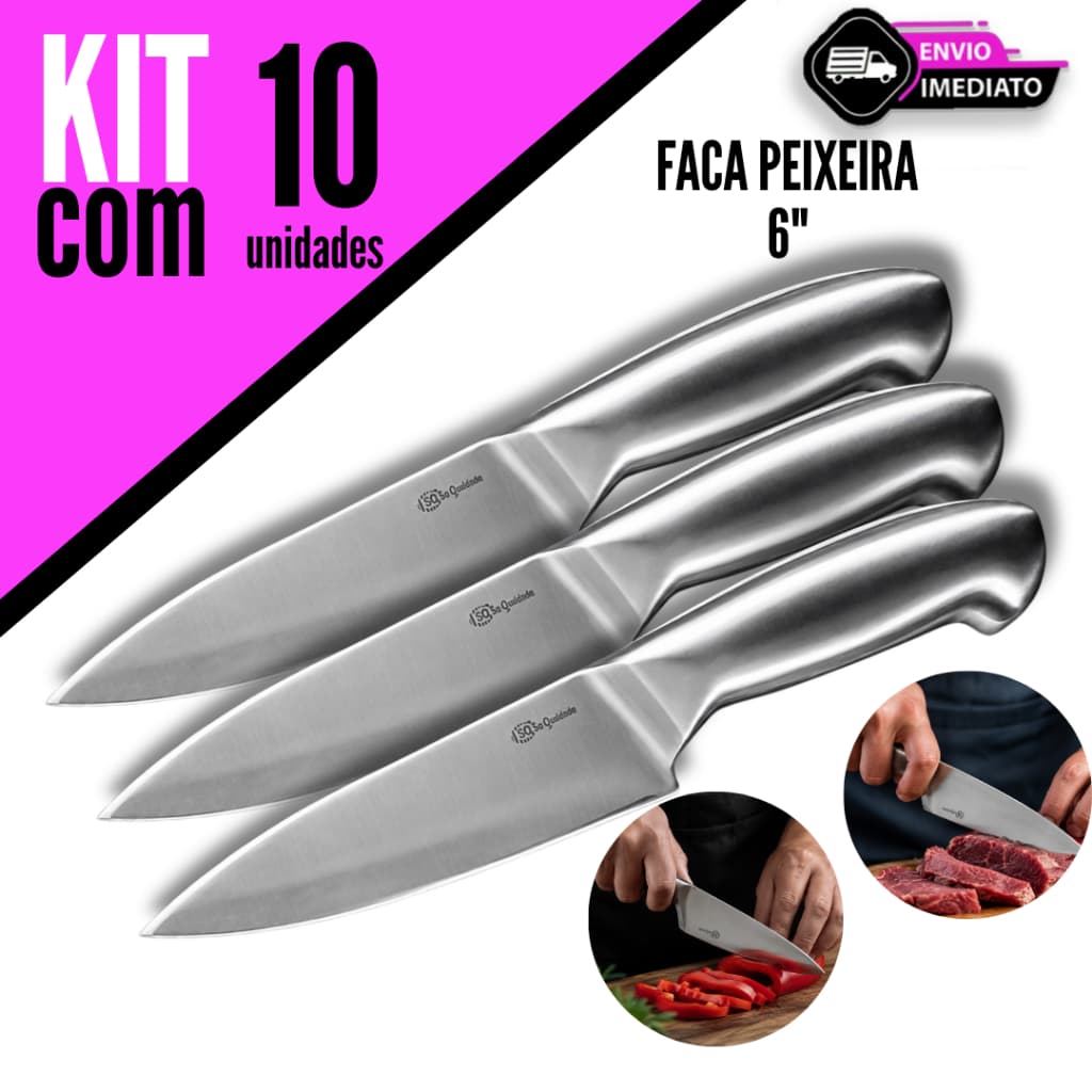 Kit 10/08/06/05 Unidades Faca Chef 6" de Aço Inox para Cozinha e Churrasco com Corte Preciso Sempre