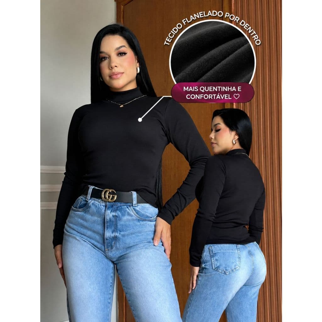 Blusa de Frio Térmica Feminina Flanelada Peluciada Canelada Manga Longa Inverno Segunda Pele Gola Alta Quentinha