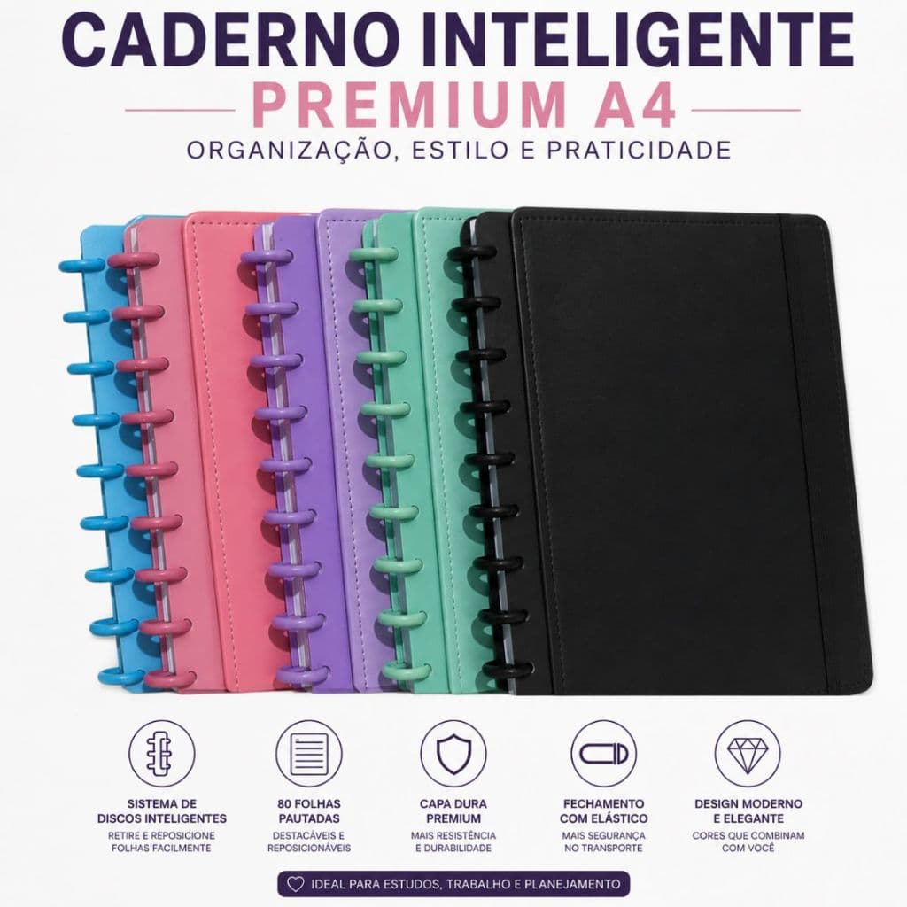 Caderno Disco Inteligente A4 Grande Folha Pautada Fichário Capa Dura Universitário Escolar Cor Preto ATFAST