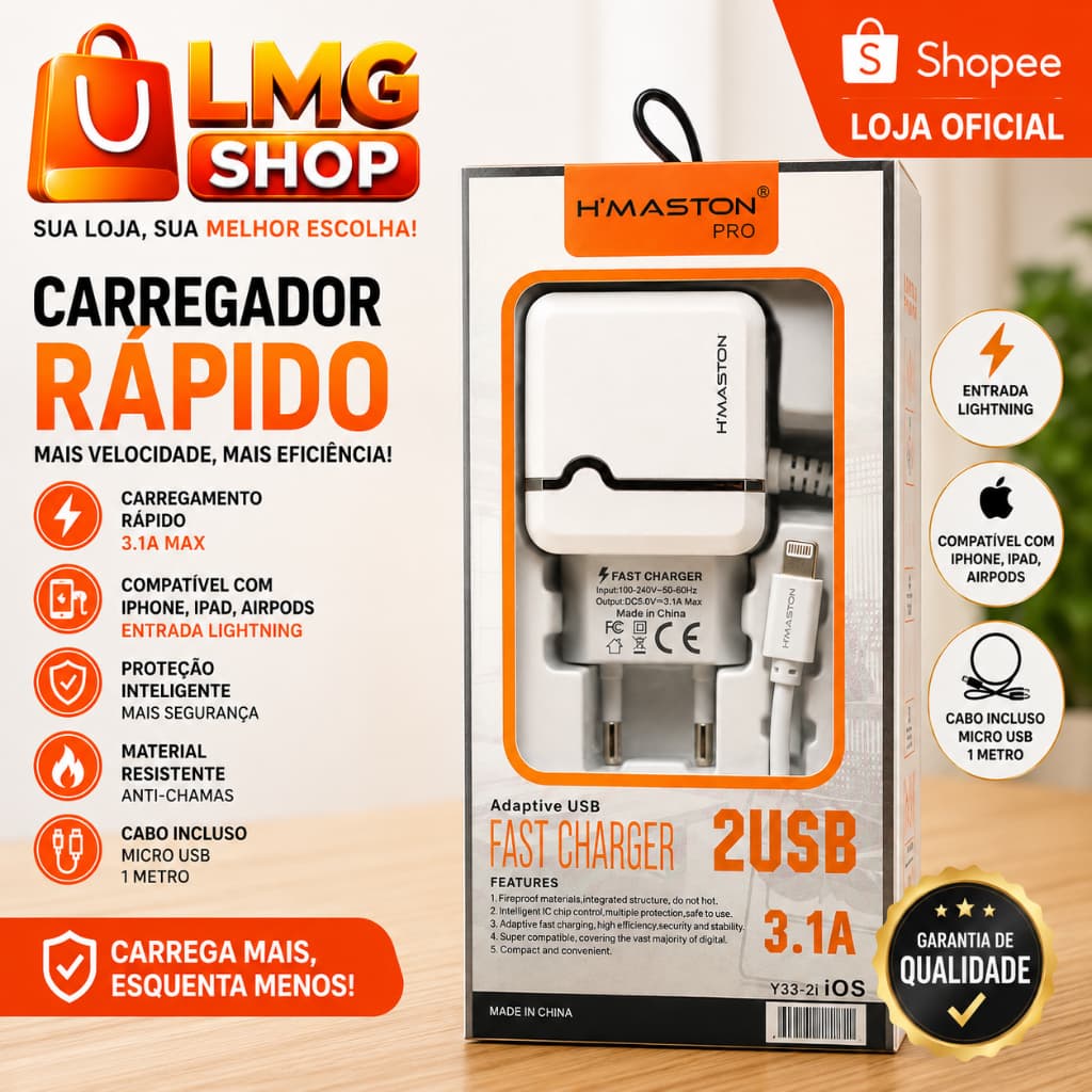 Carregador Turbo 3.1A H’Maston Pro Lightning iPhone 2 USB Fast Charger Carregamento Rápido - LMG Shop