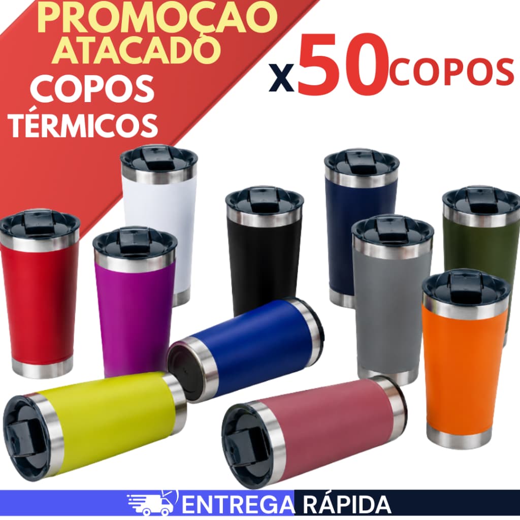 Kit 50 Copo Térmico 473ml Com Tampa e Abridor de Garrafas Copo Inox Atacado Isolamento Termico