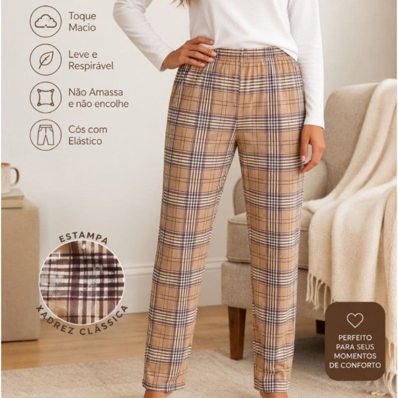 Calça Pijama Feminina Xadrez de Dormir Lounge Inverno  Larga Homewear