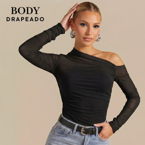 Body Feminina Suplex com Manga Longa Comprida Assimétrica Drapeada Inverno Elegante Casual Premium  Moda Gringa