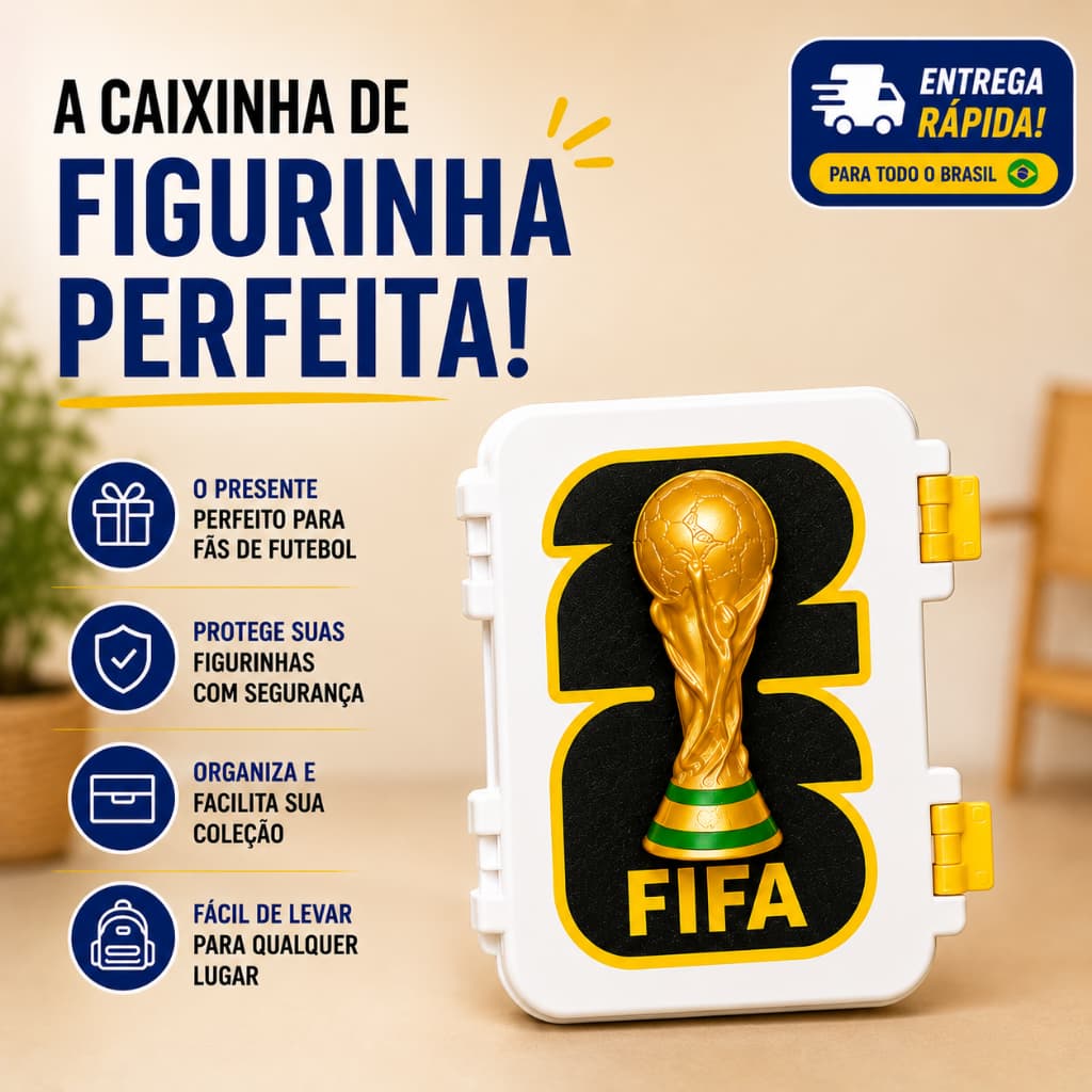 Porta Figurinha da Copa 2026 FIFA com Chaveiro Taça | Caixa para Guardar Figurinhas