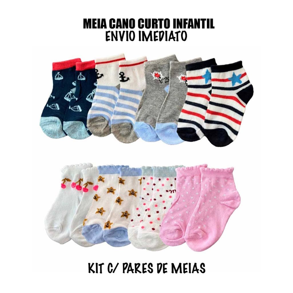 Kit com 3 Pares Meias Infantis Fofas Algodão Cano Curto Confortáveis e Macias