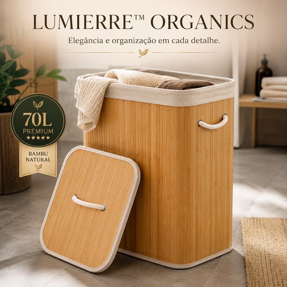 Cesto Organizador Bambu Grande 70 Litros Com Tampa Alcas Resistentes Duravel