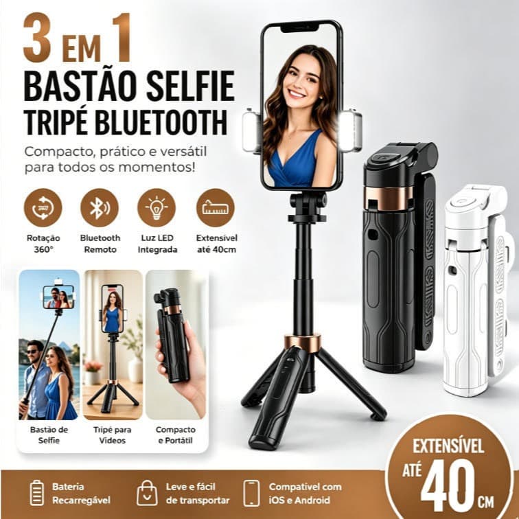 Bluetooth Selfie Stick Tripod with LED Rechargeable Extendable 40cm Remote Control Cell Phone