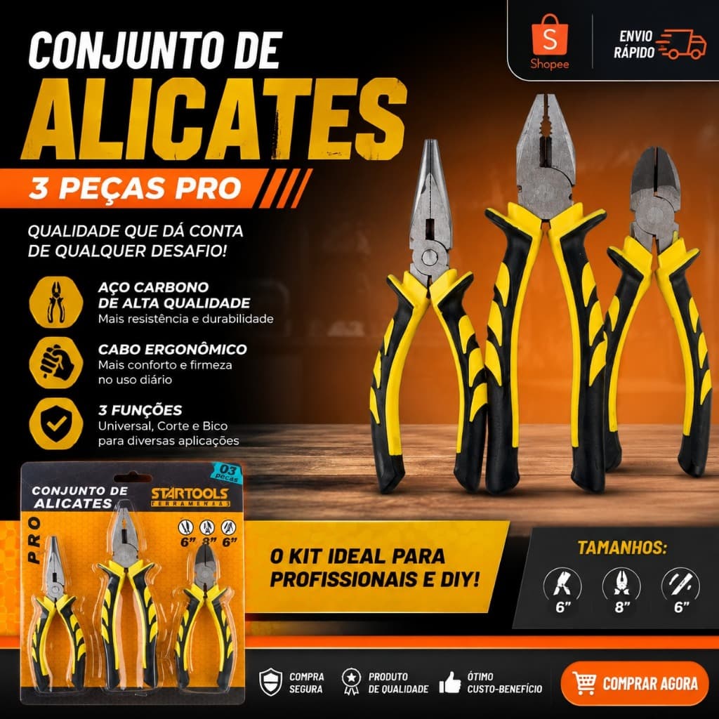 Conjunto de Alicates Profissional de Aço Com Cabo Emborrachado - Ferramentas Multiusoobras consertos