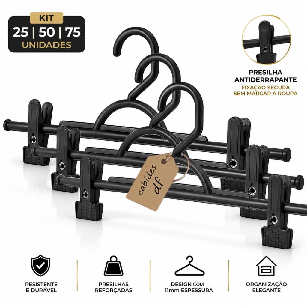 Cabide C/ Presilha Preto Reforçado Grosso P/ Saia Jeans shorts Kit 25 / 50 / 75 Unidades Organizador