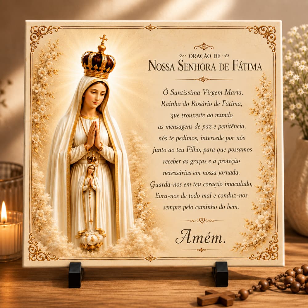 Oração Nossa Senhora de Fátima Azulejo Decorativo Personalizado Premium Católico Fé e Devoção Presente Religioso para Sa