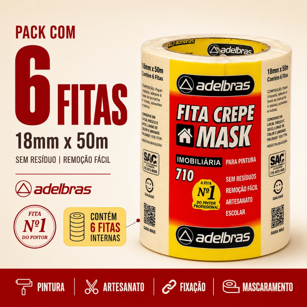 Fita Crepe Adelbras 18mm 50m Pack 6 Rolos Pintura Mascaramento Artesanato Sem Residuo