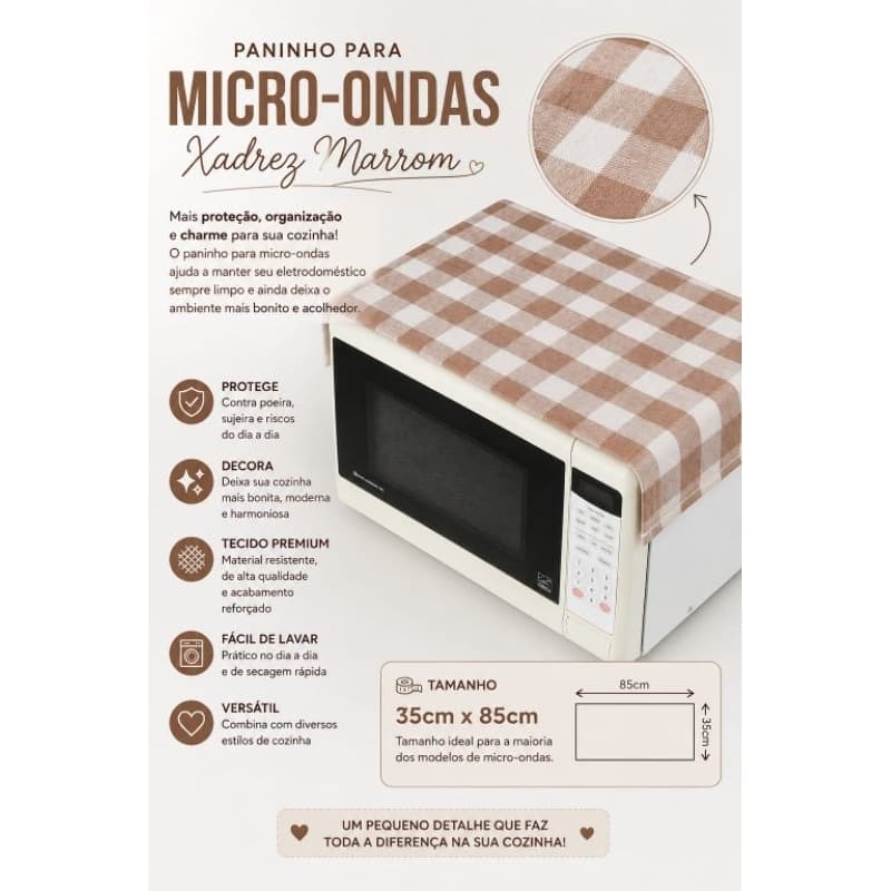 Capa Protetora para Micro-ondas Tecido Oxford Xadrez Lavável Decorativa Cozinha - Diversas Cores