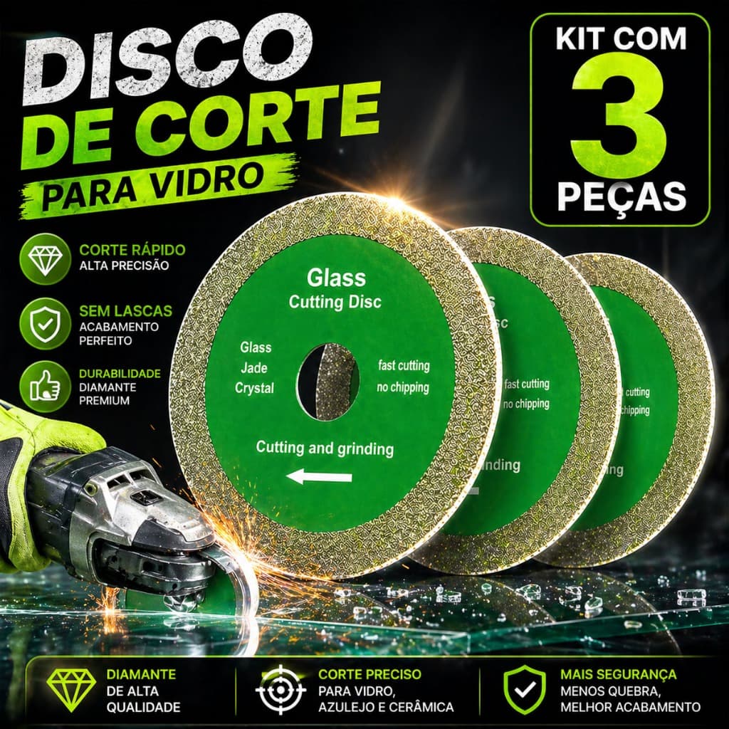 Kit Discos Corte Diamantado 100mm Verde, Compatível Esmerilhadeira, Corte Porcelanato Vidro Cerâmica Anel Redutor 16mm