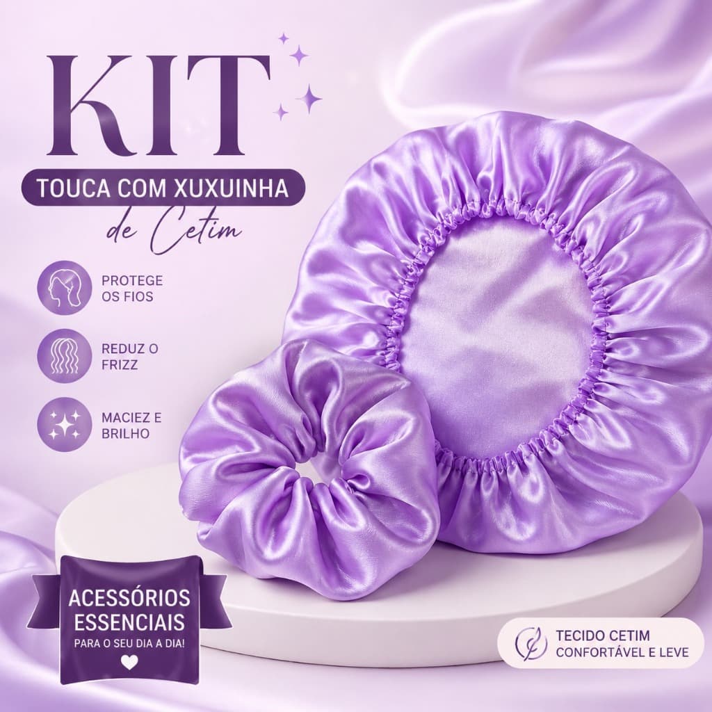 Kit Cetim  Touca + Xuxinha / Scrunchie - Antifrizz | CABELO | MULHER | SKIN CARE | Premium
