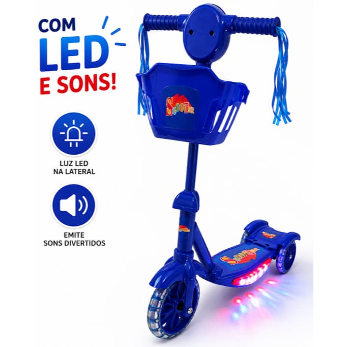 Patinete Infantil 3 Rodas De Led Dobrável Brinquedo Scooter Criança Azul Menino Multmaxx