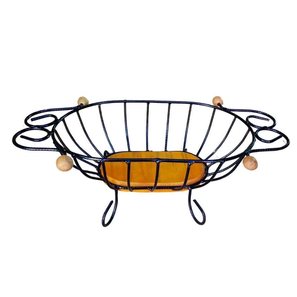 Promoção Fruteira De Mesa Oval  Ferro E Madeira Pequena Preto Fruteira