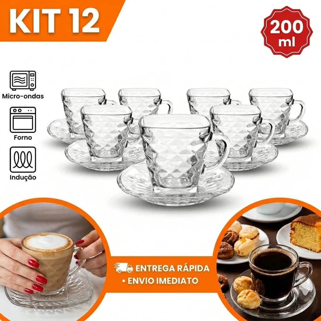 Conjunto Kit jogo de 12 Peças xicara 200ml sendo 6 Xícaras e 6 Pires Café Chá Cappuccino Elegante