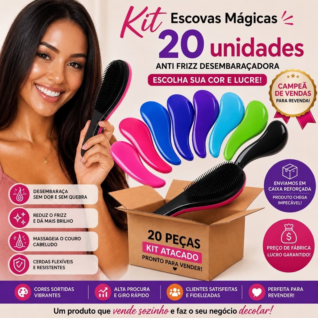 Kit 20 unidades - Escovas Mágicas Anti Frizz Desembaraçadora Escolha sua Cor Para Revender