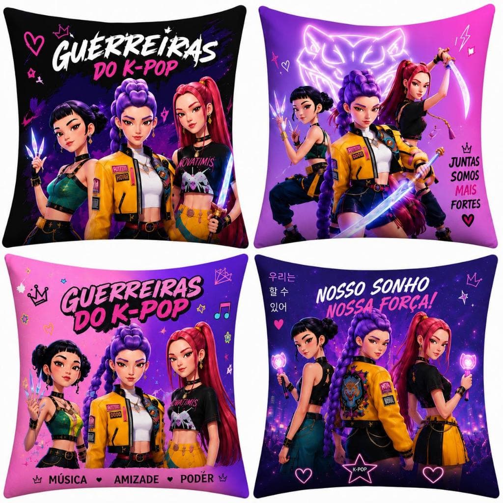 KIT 4 CAPAS DE ALMOFADAS GUERREIRAS DO KPOP, IDEAL PARA DECORAÇÃO TAMANHO 45X45