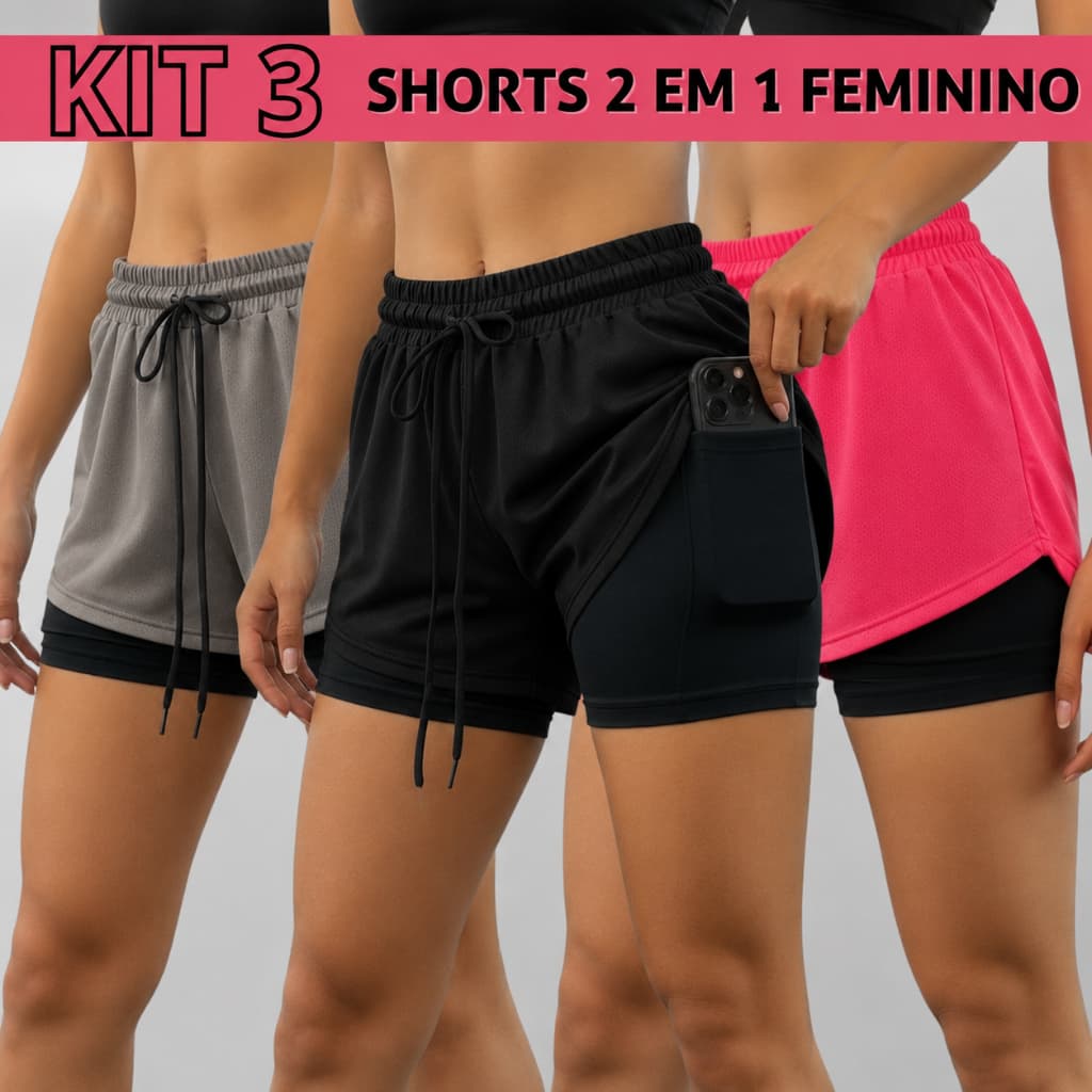Kit 3 Shorts 2 Em 1 Feminino Dry Fit Academia Com Bolso Interno E Forro Compressão