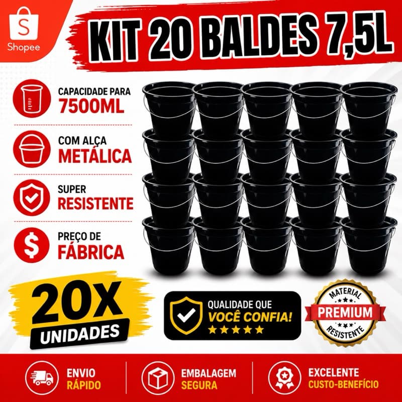 Kit 20 Unid Balde 7,5 Litros Super Resistente Alça Metálica | Balde Plástico Reforçado