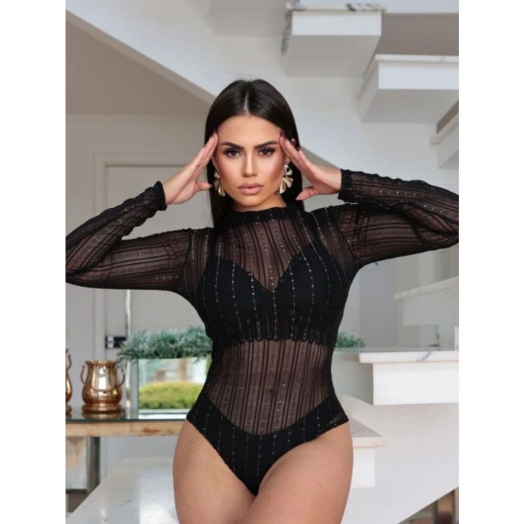 BODY TULE COM LISTRA E BRILHO MANGA LONGA MODA FEMININA
