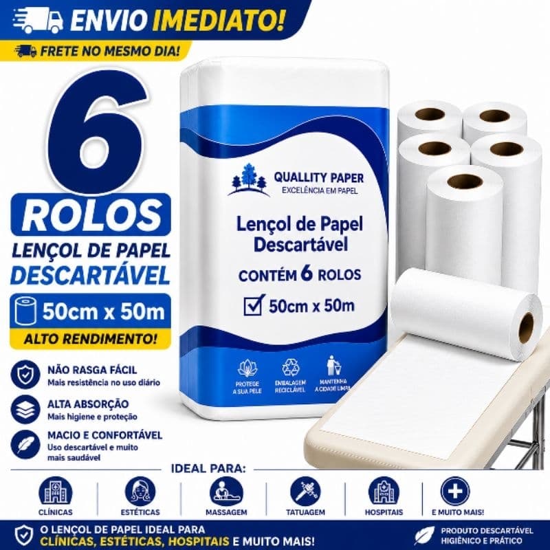 Lençol Descartável para Maca 50cm x 50m Kit 6 Rolos Branco Profissional Clínica Estética Hospitalar5