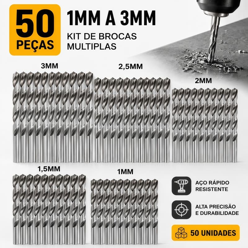 Jogo 50 Brocas Aço Rápido 1mm a 3mm HSS Multiuso para Metal Madeira Plástico Eletrônica Ferramenta Precisão